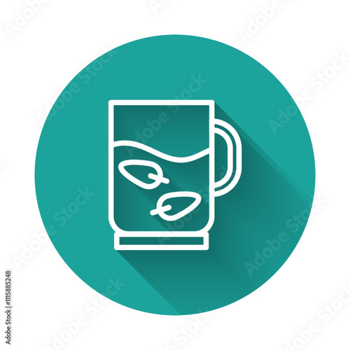 White line Cup of tea and leaf icon isolated with long shadow. Green circle button. Vector