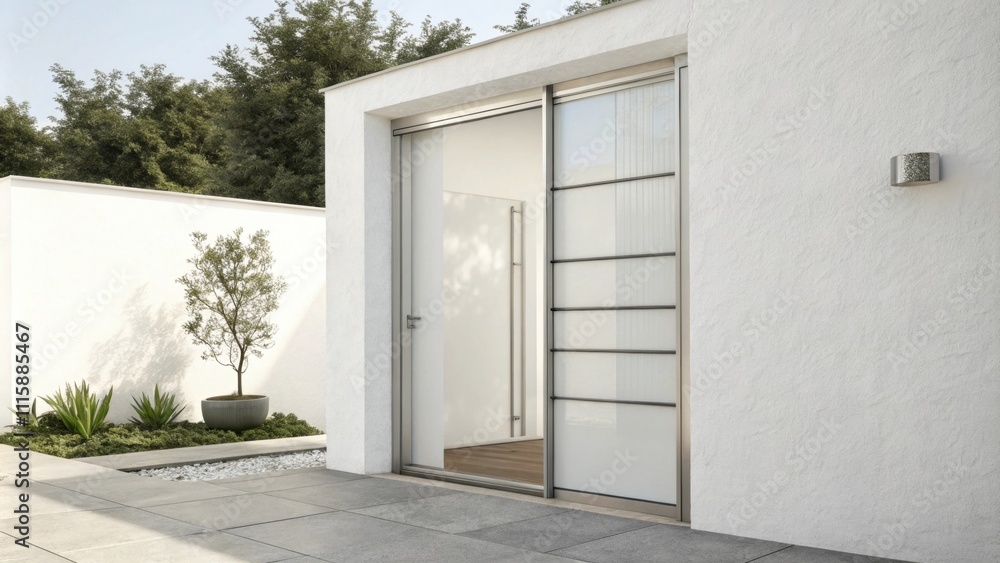 A contemporary sliding door featuring stainless steel accents rests against a clean white wall emphasizing a sleek and airy feel. A contemporary sliding door featuring stainless steel accents rests against a clean white wall emphasizing a sleek and airy feel.