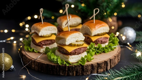 Wallpaper Mural Mini sliders with beef patties, cheese, and pickles, served on wooden board with sparkling lights and festive New Year decor Torontodigital.ca