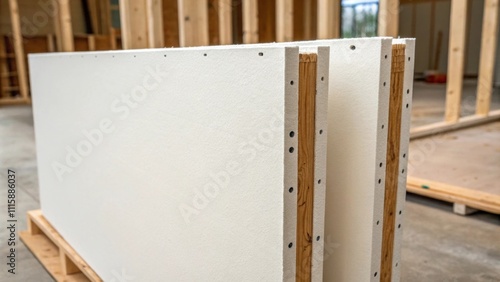 A closeup of two sheets of smooth drywall hung on a frame with the seams ly visible ready for finishing. photo