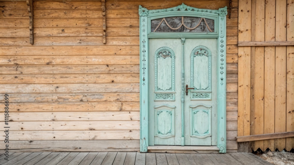 Fototapeta premium A charmingly restored door painted in a soft pastel color leans against a rustic wooden wall adding a whimsical touch to the space.