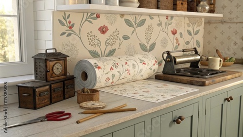 A charming kitchen nook with a stylish wallpaper roll partly wrapped around a countertop edge while vintage tools lay tered revealing the belowbench workspace.