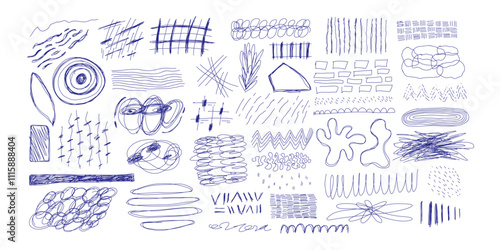 Blue ballpen scribble art collection. Simple scratch squiggle lines set. Hand drawn marks, underline strokes, doodles and arrows. Grunge marker stroke