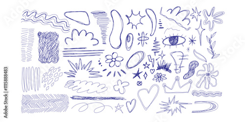 Blue ballpen scribble art collection. Simple scratch squiggle lines set. Hand drawn marks, underline strokes, doodles and arrows. Grunge marker stroke
