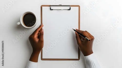 A Black woman's hands resting on a table, holding an empty white sheet of paper