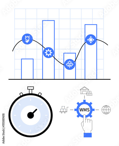 Graph with bars and line chart stopwatch WMS gear icon with warehouse truck, gear, and globe. Ideal for warehouse management, logistics, efficiency, time management, data analysis, seasonality