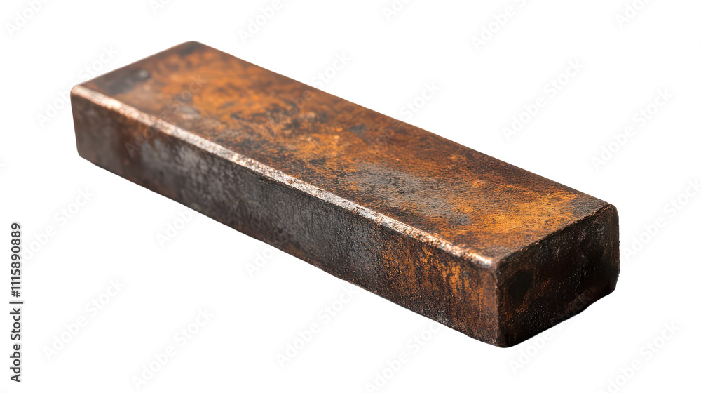 Fototapeta premium A weathered metal ingot resting on a surface, showcasing rustic charm and industrial history at sunset