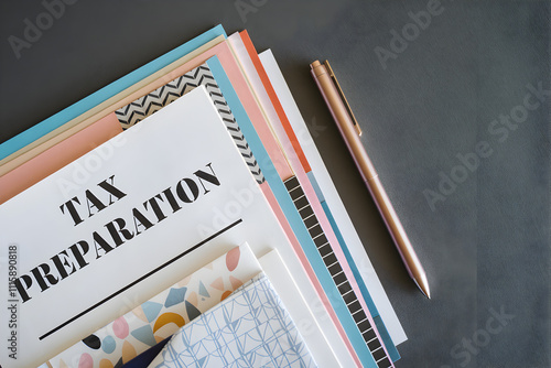 Tax submit preparation online concept. Tax preparation documents stacked with a pen on a textured surface. photo