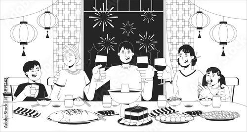 Chinese New Year reunion dinner black and white line illustration. Asian family eating. Relatives toasting celebrating 2D characters monochrome background. Spring festival at home outline vector image