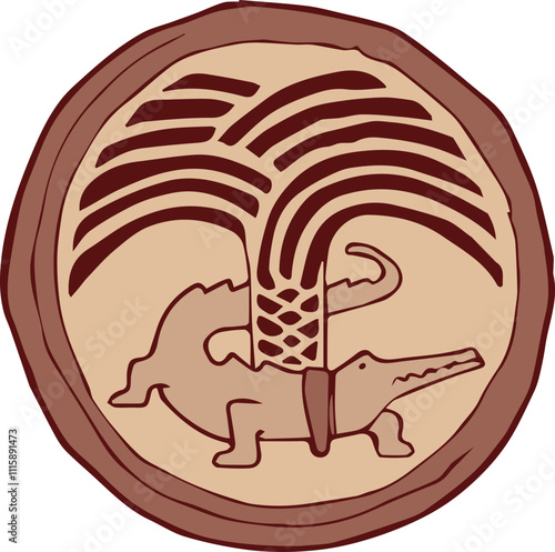 Emblem of the city of Nîmes in the south of France, a crocodile attached to a palm tree.
