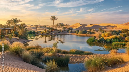 Stunning Ultra HD Image of a Serene Desert Oasis Surrounded by Dunes Perfect for Travel and Nature Related Themes photo