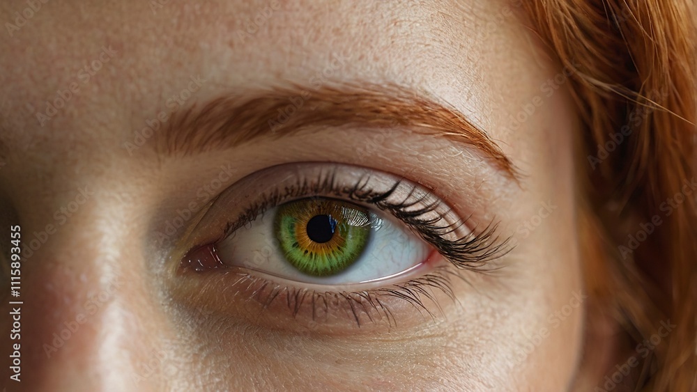 Obraz premium close up of eyes,redhead_caucasian_woman_girl_open_eyelid_look, generative ai