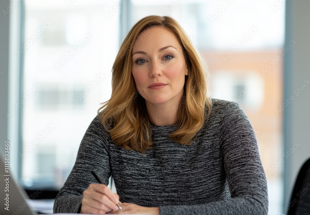 Confident Businesswoman in Modern Office Setting Focused on Work Confident Businesswoman in Modern Office Setting Focused on Work