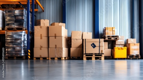 Stacks of boxes on pallets in a well-lit warehouse interior, showcasing organization, readiness for distribution, and the industrial efficiency of storage. photo