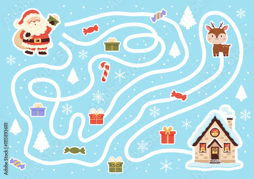 A festive Christmas maze featuring Santa Claus, a reindeer, a house, gifts, candy canes, and snowflakes.