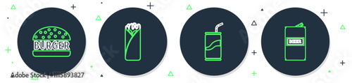 Set line Burrito, Soda can with drinking straw, Burger and Beer icon. Vector