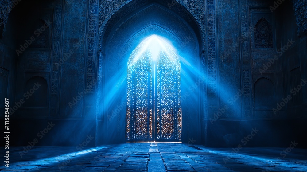 Arabic arch with blue light rays and backlighting. Generative Ai Arabic arch with blue light rays and backlighting. Generative Ai