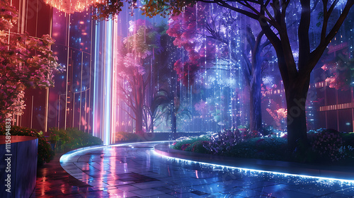 Futuristic Urban Park Featuring Holographic Trees and Vibrant Neon Lights, Blending Nature and Technology in a Surreal Landscape