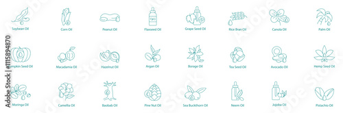 Comprehensive Natural Oils Vector Icon Set Soybean, Corn, Peanut, Flax Seed, Grape Seed, Rice Bran, Moringa, Camellia, Baobab, Pumpkin, Macadamia, Hazelnut, Argan, Borage, Tea Seed, Pine Nut, Sea Buck