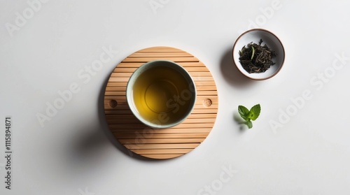 Minimalist Green Tea Setup with Mint and Loose Leaves photo