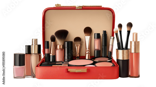 A vibrant makeup kit brimming with brushes, lipsticks, and nail polishes ready for a glamorous transformation