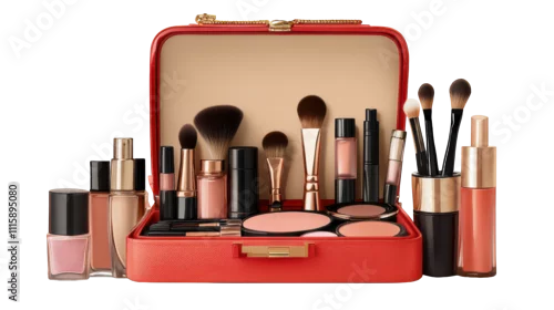 Obraz A vibrant makeup kit brimming with brushes, lipsticks, and nail polishes ready for a glamorous transformation