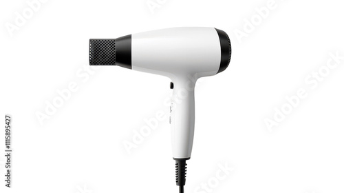 A sleek white hairdryer positioned against a minimalist backdrop, ready for styling sessions at any time