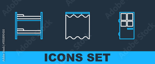 Set line Closed door, Bunk bed and Curtains icon. Vector