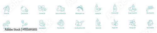 Extensive Wellness Oils Vector Icon Set Olive, Coconut, Canola, Apricot Kernel, Wheat Germ, Jojoba, Flaxseed, Grape Seed, Rice Bran, Walnut, Almond, Avocado, Pine Nut, Sea Buckthorn, Neem, Argan, Bora