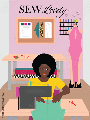 Sewing Room, Fashion Designer, Sew Lovely Sewing Room. Black Woman Sewing.