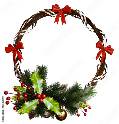 Christmas wreath with a bow and ornaments. Transparency, 3D render, PNG.