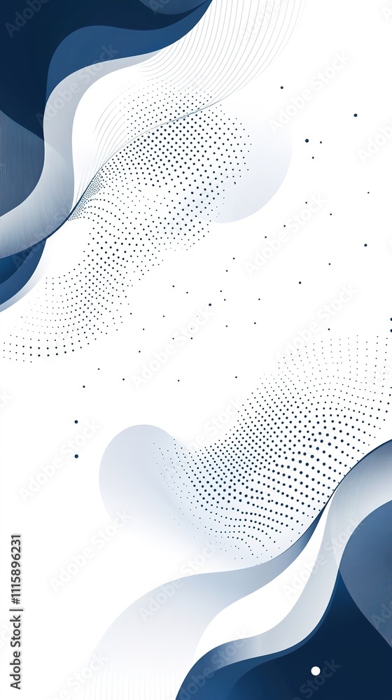 Fototapeta premium a report cover design featuring a white background complemented by elegant blue dotted wave patterns. The color scheme primarily includes light gray and deep navy blue, creating a modern aesthetic th