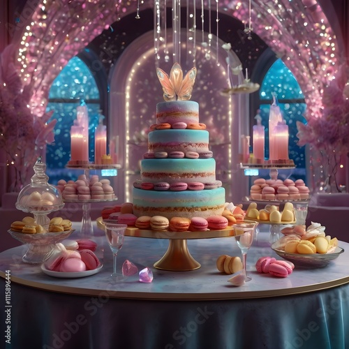 Wallpaper Mural A fantasy-themed food display: a magical dessert table with shimmering edible crystals, holographic macarons, and glowing fairy lights, merging gastronomy with imagination,png, Generative Ai
 Torontodigital.ca