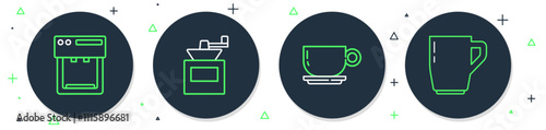 Set line Manual coffee grinder, Coffee cup, machine and icon. Vector