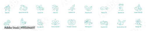 Diverse Health and Cooking Oils Vector Icon Set: Olive, Apricot Kernel, Canola, Palm, Soybean, Pistachio, Peanut, Baobab, Grape Seed, Walnut, Jojoba, Avocado, Hemp, Pumpkin, Moringa, Sea Buckthorn 