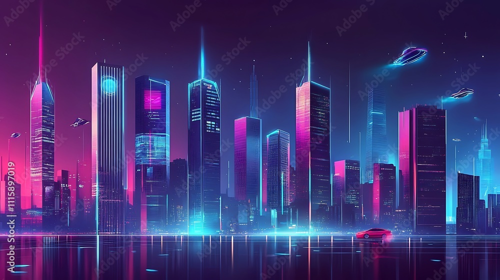 A futuristic city skyline with towering holographic skyscrapers, flying cars, and glowing neon lights reflecting on glass surfaces, creating a vibrant, cyberpunk aesthetic A futuristic city skyline with towering holographic skyscrapers, flying cars, and glowing neon lights reflecting on glass surfaces, creating a vibrant, cyberpunk aesthetic