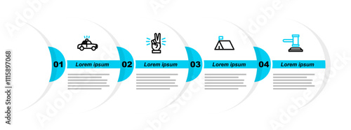 Set line Judge gavel, Protest camp, Hand showing two finger and Police car flasher icon. Vector