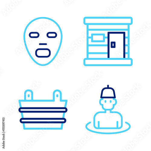 Set line Man in the sauna, Sauna bucket, wooden bathhouse and Facial cosmetic mask icon. Vector