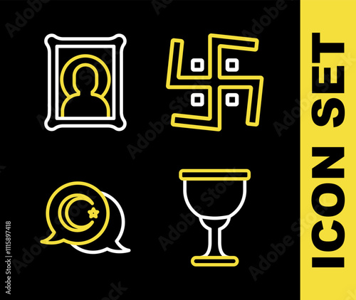 Set line Hindu swastika, Holy grail or chalice, Star and crescent and Christian icon icon. Vector