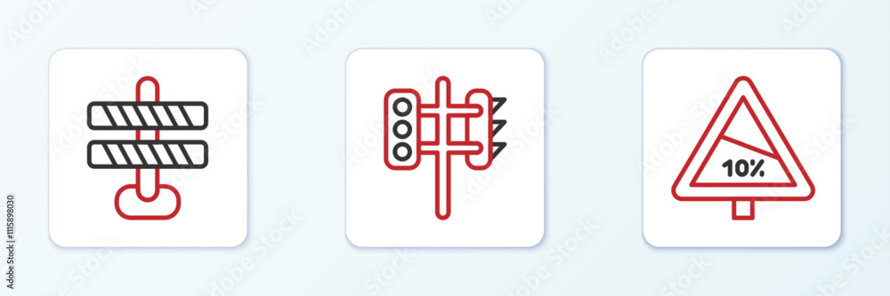 Obraz premium Set line Steep ascent and descent road, Road barrier and Traffic light icon. Vector