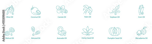 Versatile Cooking Oils Vector Icon Set: Olive, Coconut, Canola, Palm, Soybean, Corn, Walnut, Almond, Avocado, Hemp, Pumpkin Seed, Macadamia