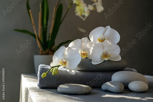 Spa scene with massage stones, towel, and orchid flowers.