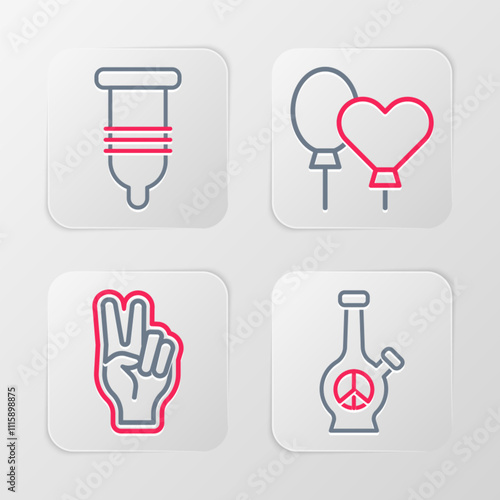 Set line Bong, Peace symbol, Balloons and Condom icon. Vector