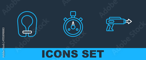 Set line Fishing harpoon, Life jacket and Stopwatch icon. Vector