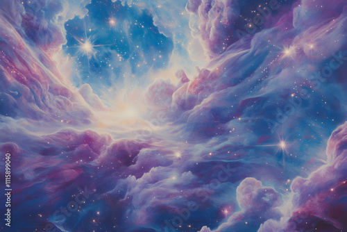 A breathtaking cosmic nebula, vibrant purples and blues swirl amongst countless stars, creating a mesmerizing celestial landscape. Perfect for science fiction, fantasy, or space-themed designs.