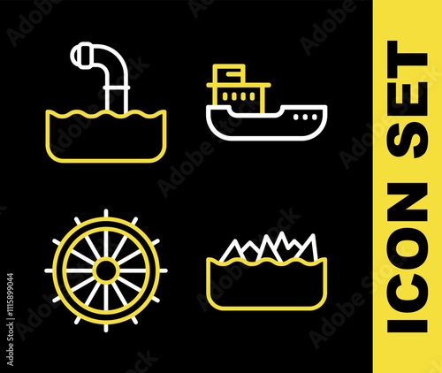 Set line Cargo ship, Sharp stone reefs, Ship steering wheel and Periscope icon. Vector