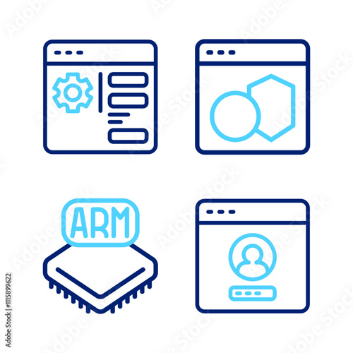 Set line Create account screen, Processor, Software and Browser setting icon. Vector