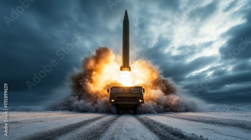 A dramatic rocket launch unfolds amidst a snowy landscape, seen from a mobile launch platform, illustrating technological advancement and determination. photo