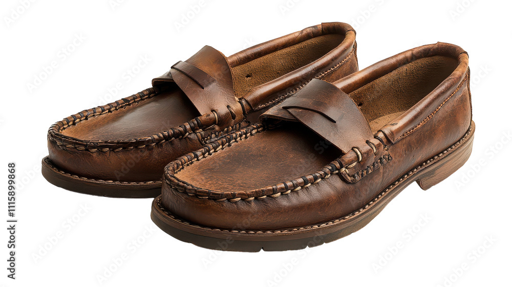 Classic handcrafted brown leather loafers resting on a neutral background, showcasing their artisanal design and timeless style Classic handcrafted brown leather loafers resting on a neutral background, showcasing their artisanal design and timeless style
