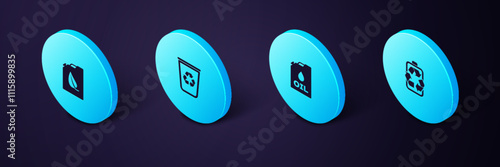 Set Isometric Battery with recycle, Canister machine oil, Recycle bin and Bio fuel canister icon. Vector